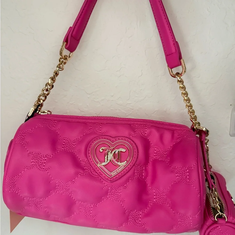 Juicy Couture Bright Fuchsia Quilted Heart Logo Shoulder Bag - Picture 1 of 7